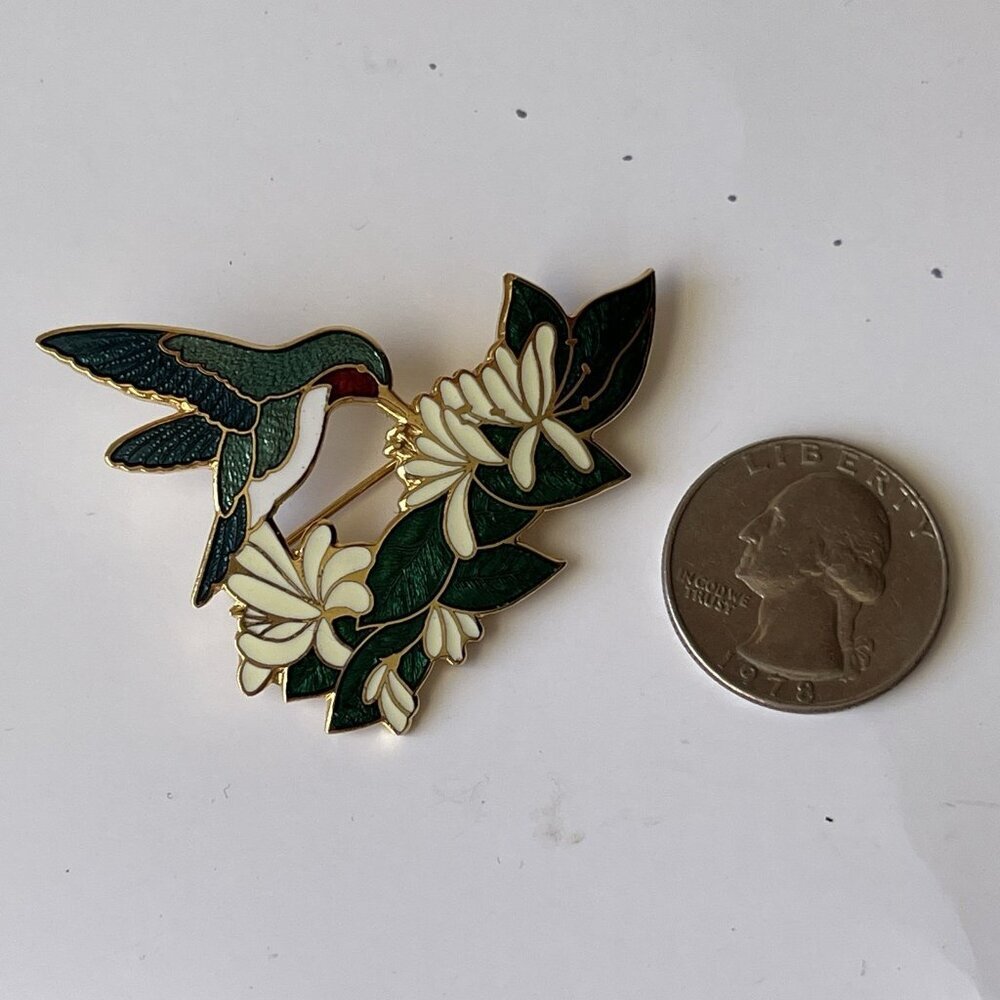 Enamel Hummingbird And Honeysuckle Flower Brooch Cloisonne Style Vtg 1980s - Picture 2 of 6